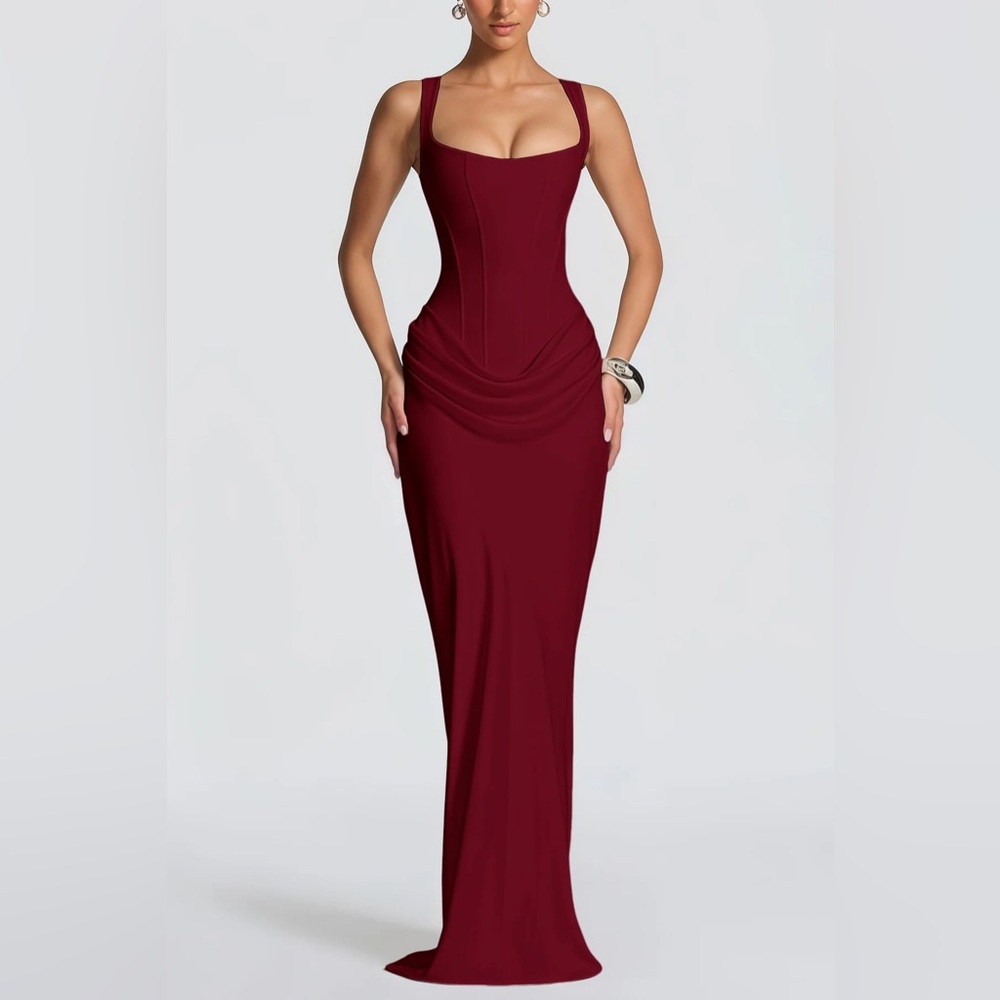 Paulette Red Ruched Corset Maxi Dress